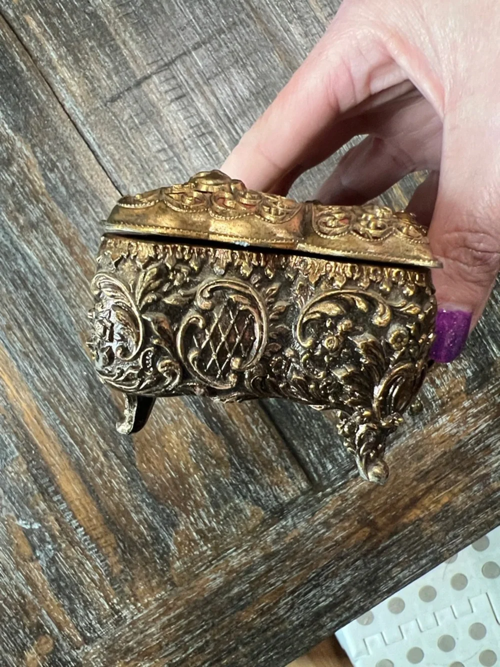 Ornate Butterfly Filigree Trinket Box in Antique Gold and Red Vintage